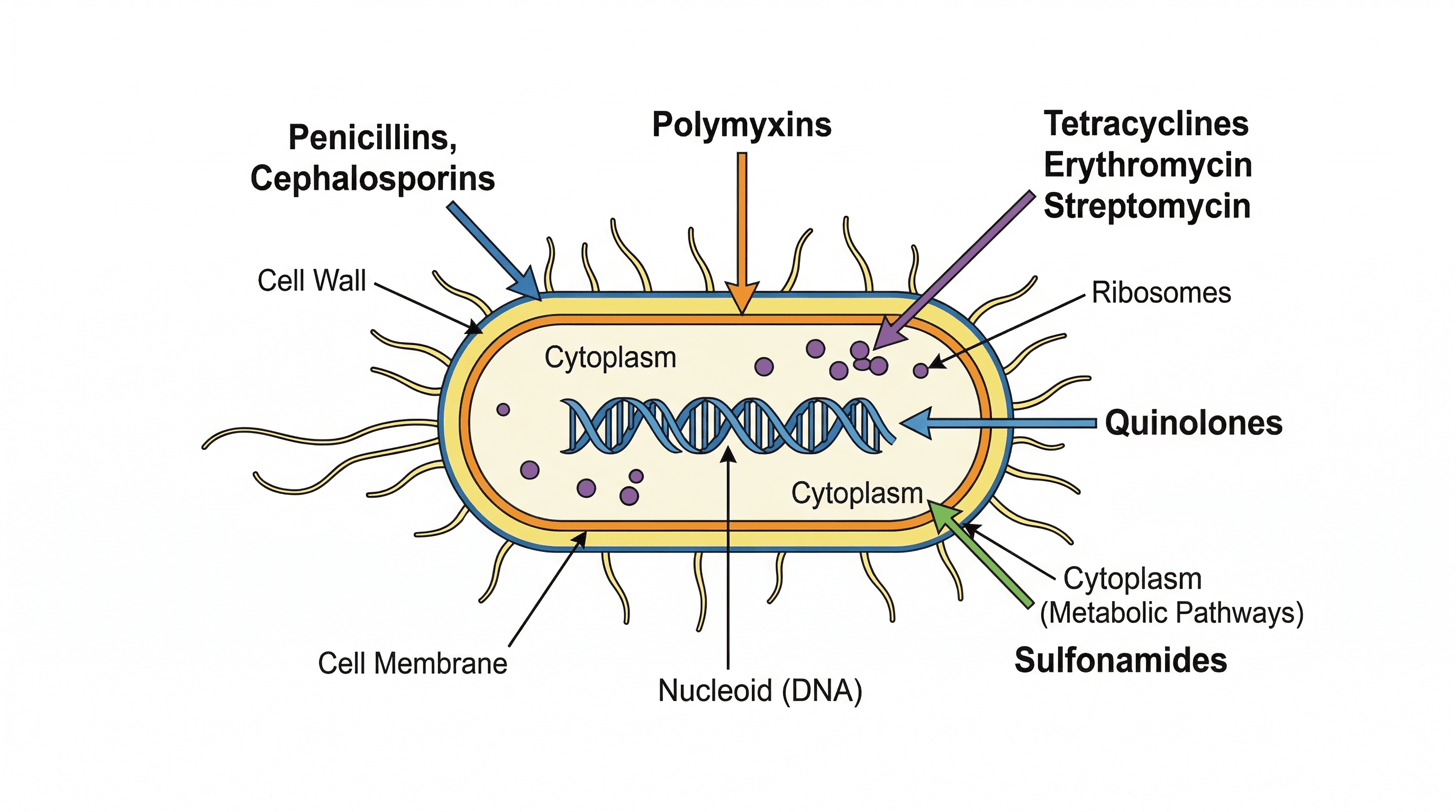 Mechanism of action of antibiotics, showing how they target bacterial cell structures.