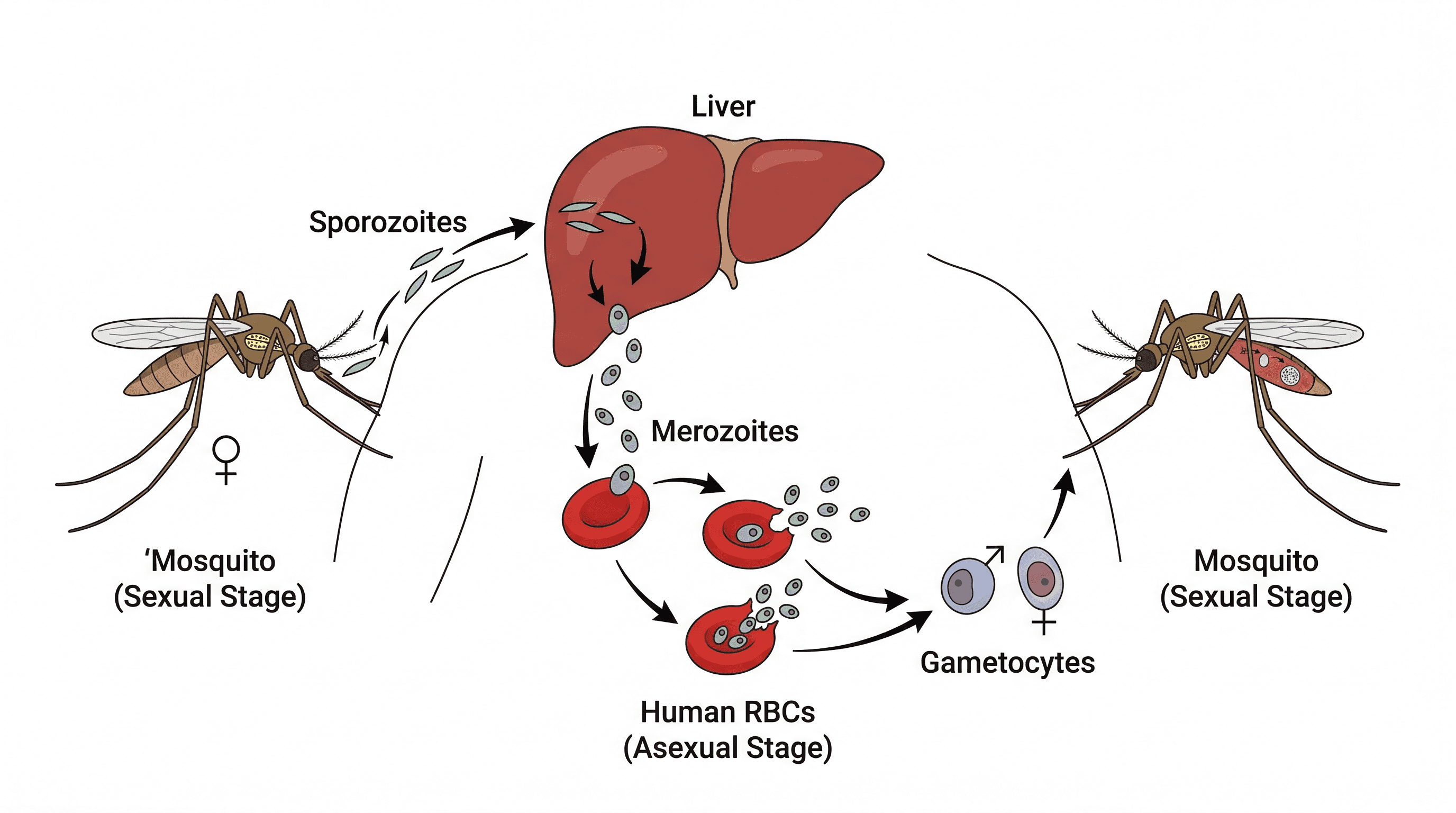 The transmission cycle of malaria involving the *Anopheles* mosquito vector.