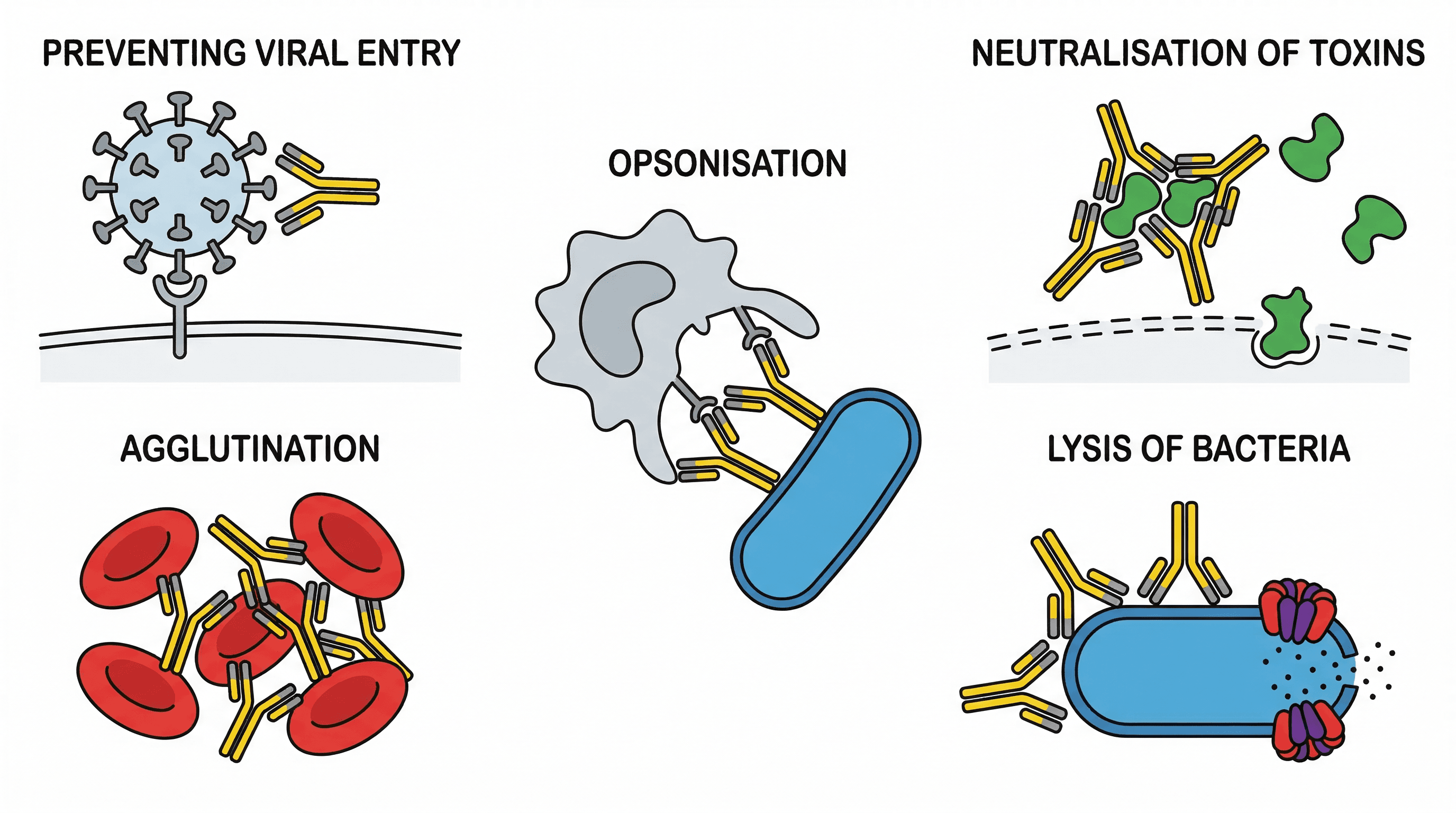 Various functions of antibodies in combating pathogens.