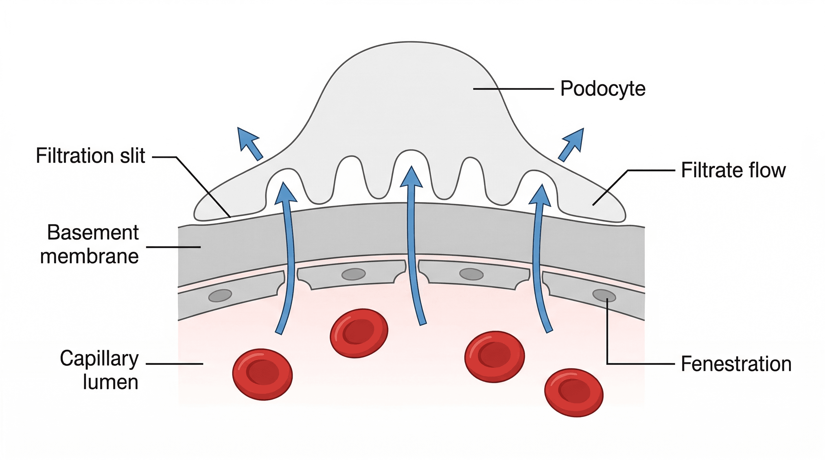 The process of ultrafiltration in the Bowman's capsule.