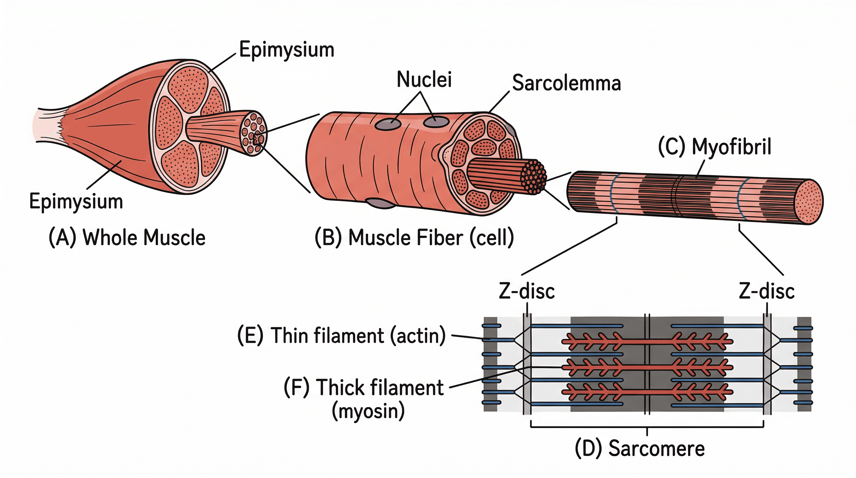 The ultrastructure of striated muscle, showing sarcomeres and filaments.