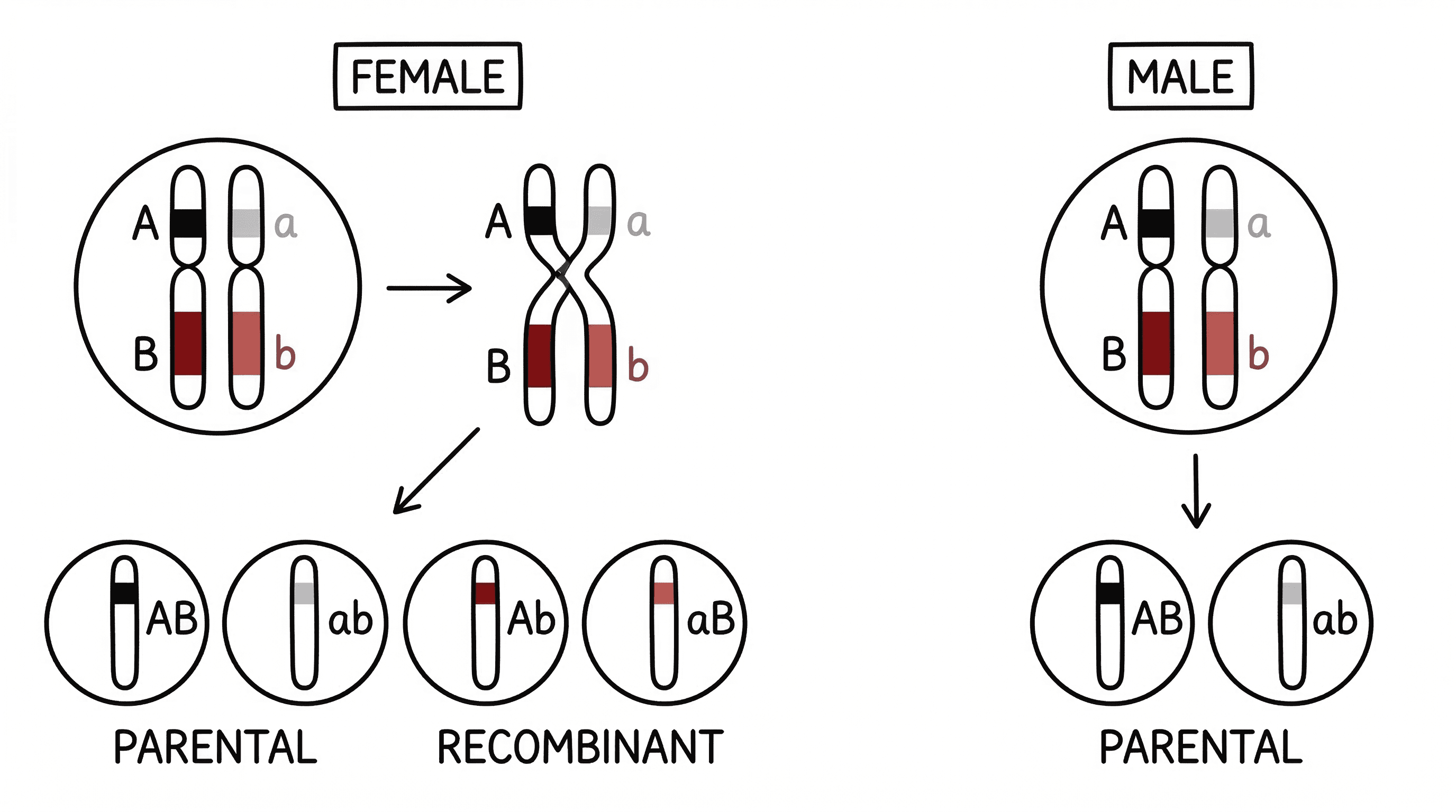 Autosomal linkage and the effect of crossing over on allele combinations.