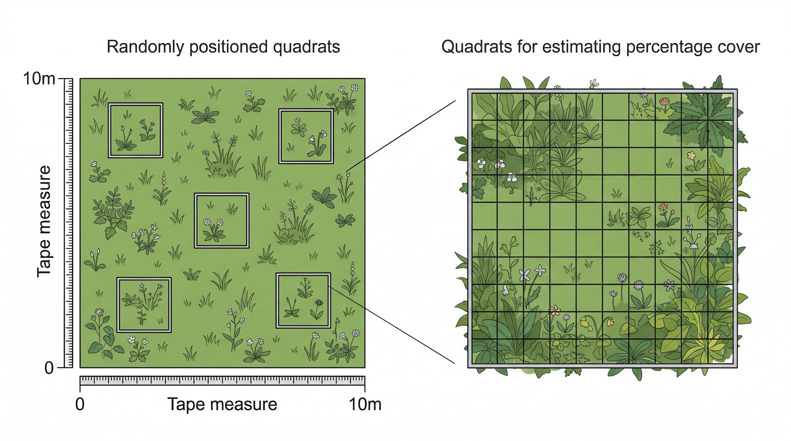 Random sampling using quadrats to assess species abundance and distribution.
