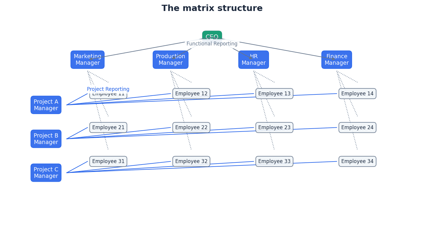A matrix structure showing cross-functional project teams overlaying a traditional hierarchy.