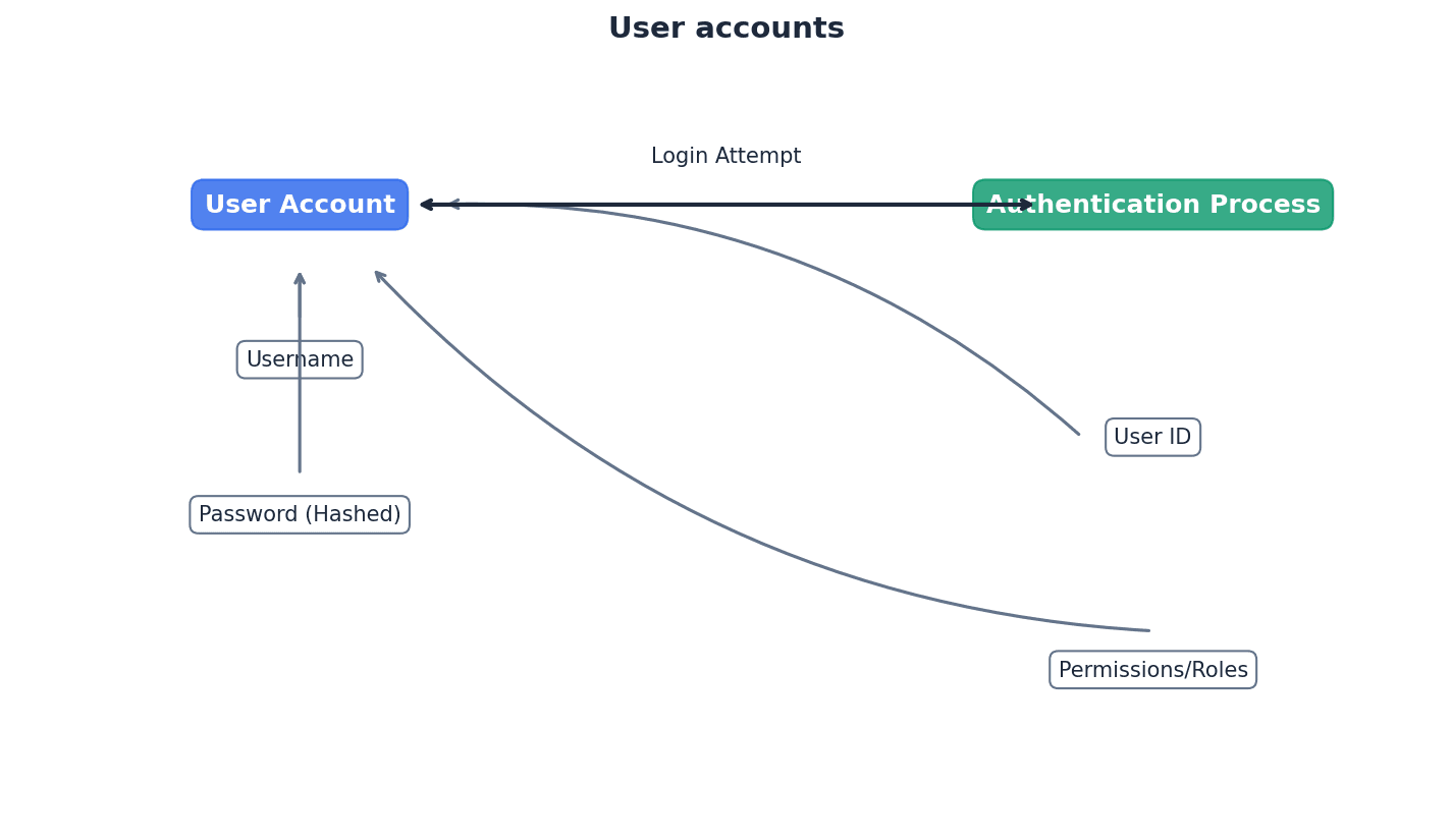 User accounts provide authentication and control access rights within a system.