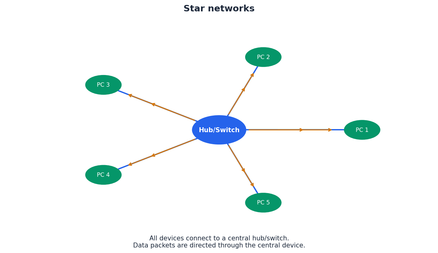 A star network topology where all devices connect to a central hub or switch.