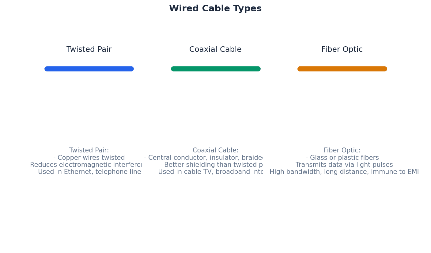 Different types of wired network cables: twisted pair, coaxial, and fibre optic.