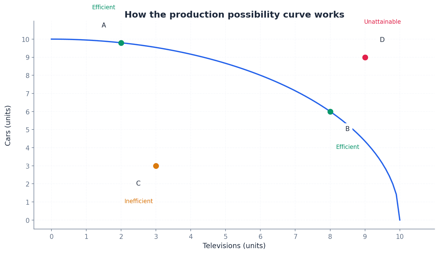 Illustrates how the Production Possibility Curve works, showing attainable and unattainable points.