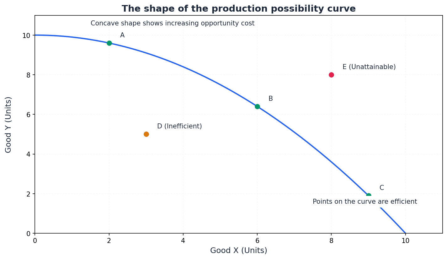 Illustrates the different shapes of the PPC, reflecting constant or increasing opportunity costs.