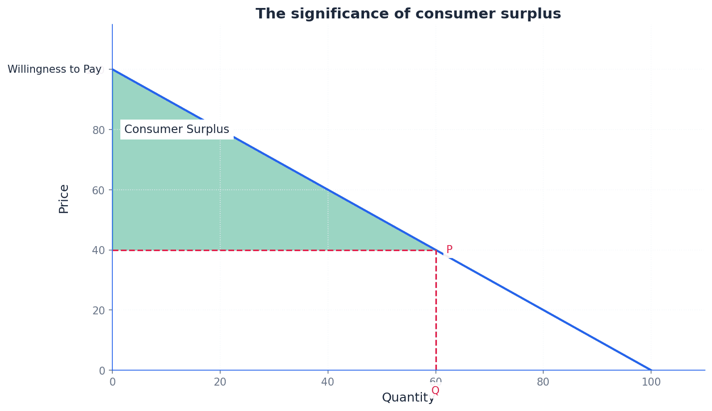 The significance of consumer surplus, shown as the area below the demand curve and above the market price.