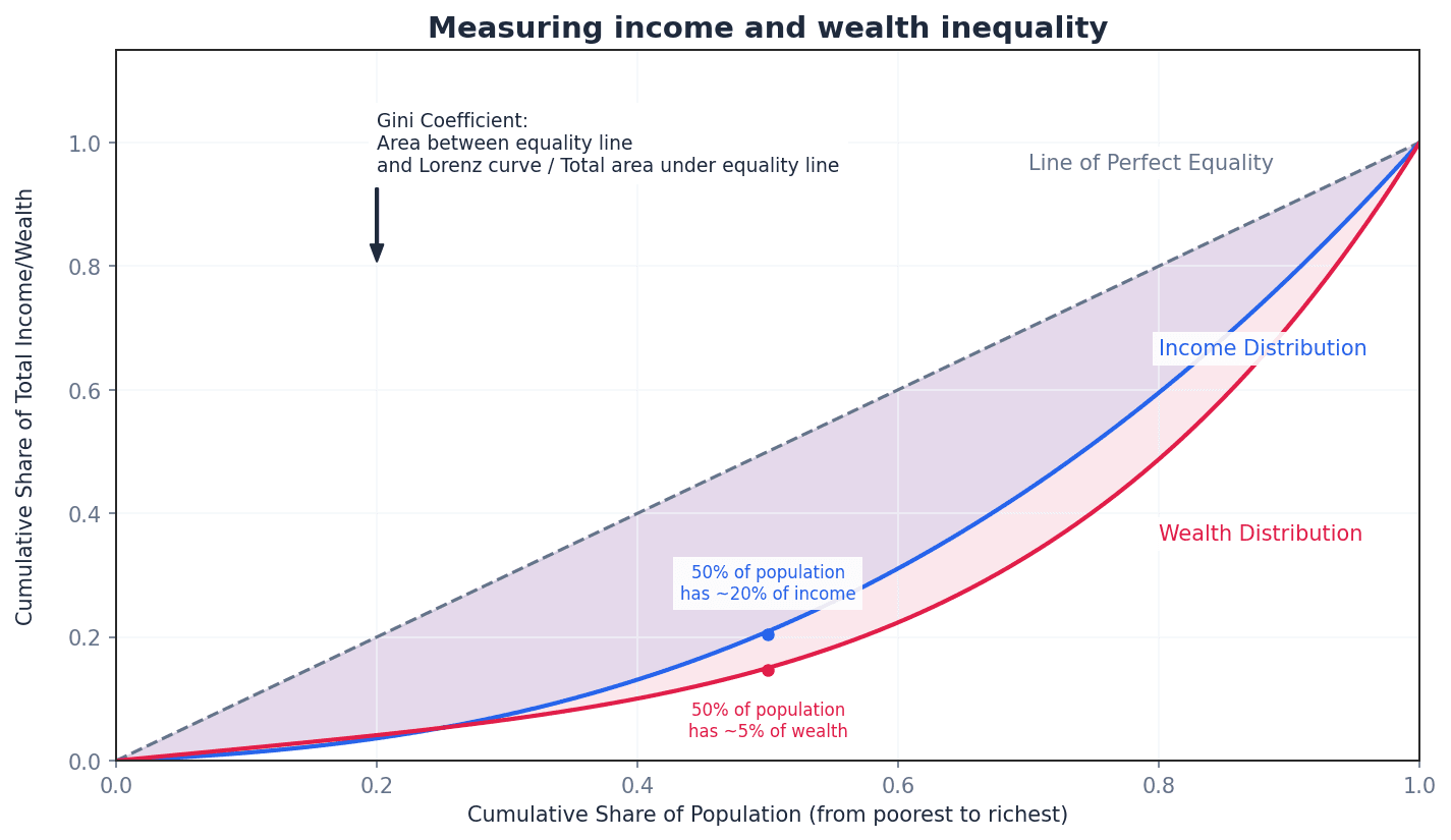 Measuring income and wealth inequality using the Gini coefficient.