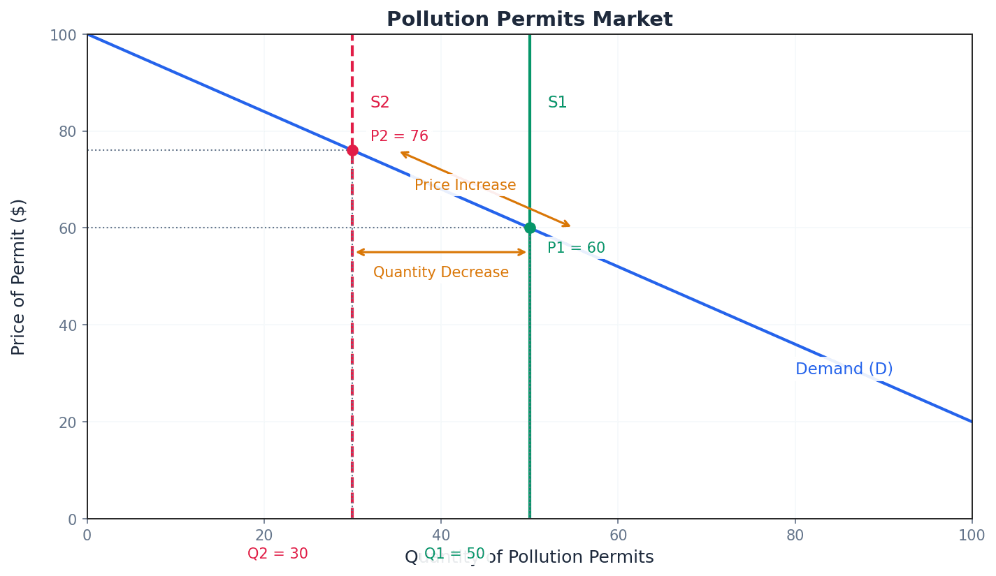 Illustrates the market for pollution permits, showing how a cap on total pollution creates a supply of permits and how demand determines their price.