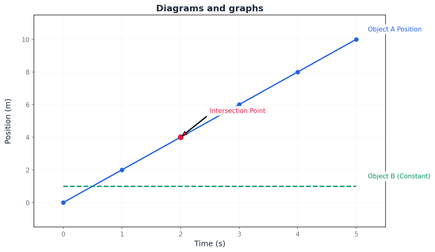 Examples of position-time, distance-time, speed-time, and velocity-time graphs.