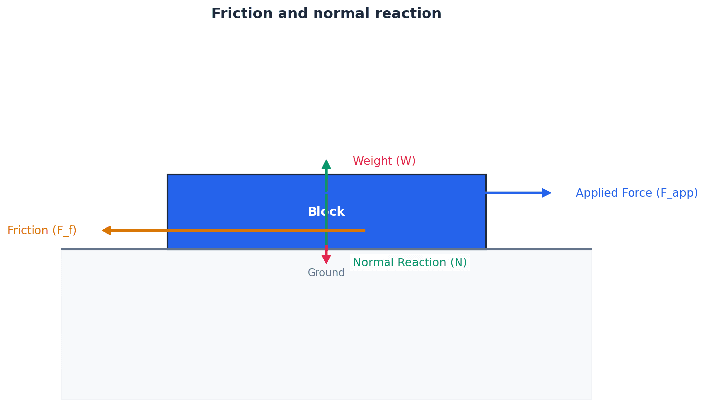 Friction and normal reaction forces on an object on a surface.