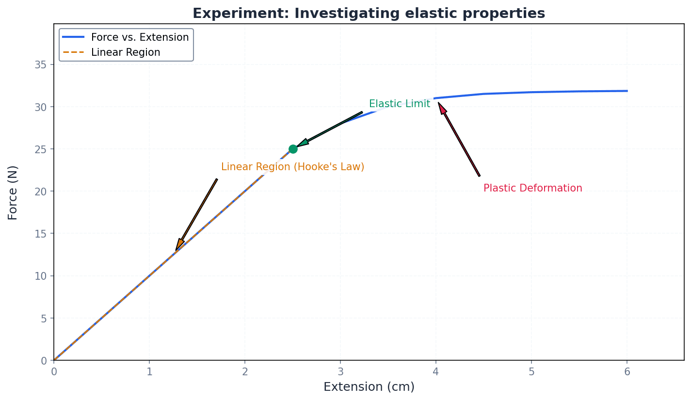 A typical experimental setup for investigating the elastic properties of a spring, showing force and extension.