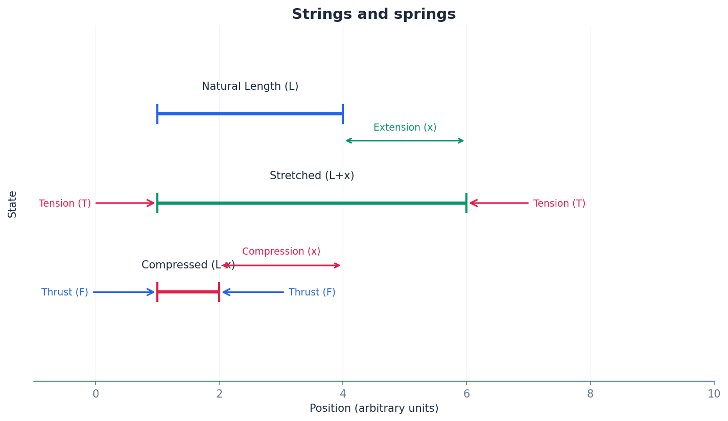 Illustrating the concepts of natural length, extension, and compression in strings and springs.