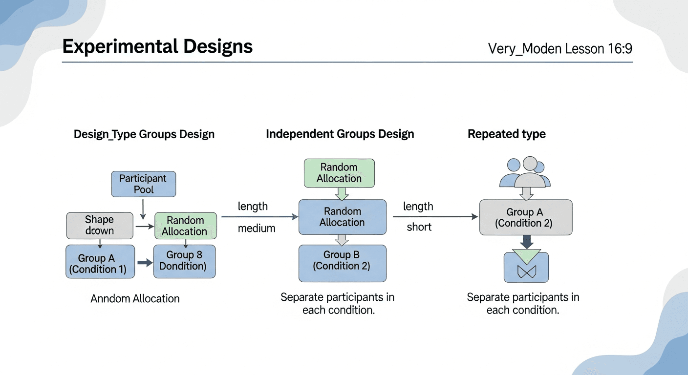 Overview of different experimental designs: Independent Measures, Repeated Measures, and Matched Pairs.