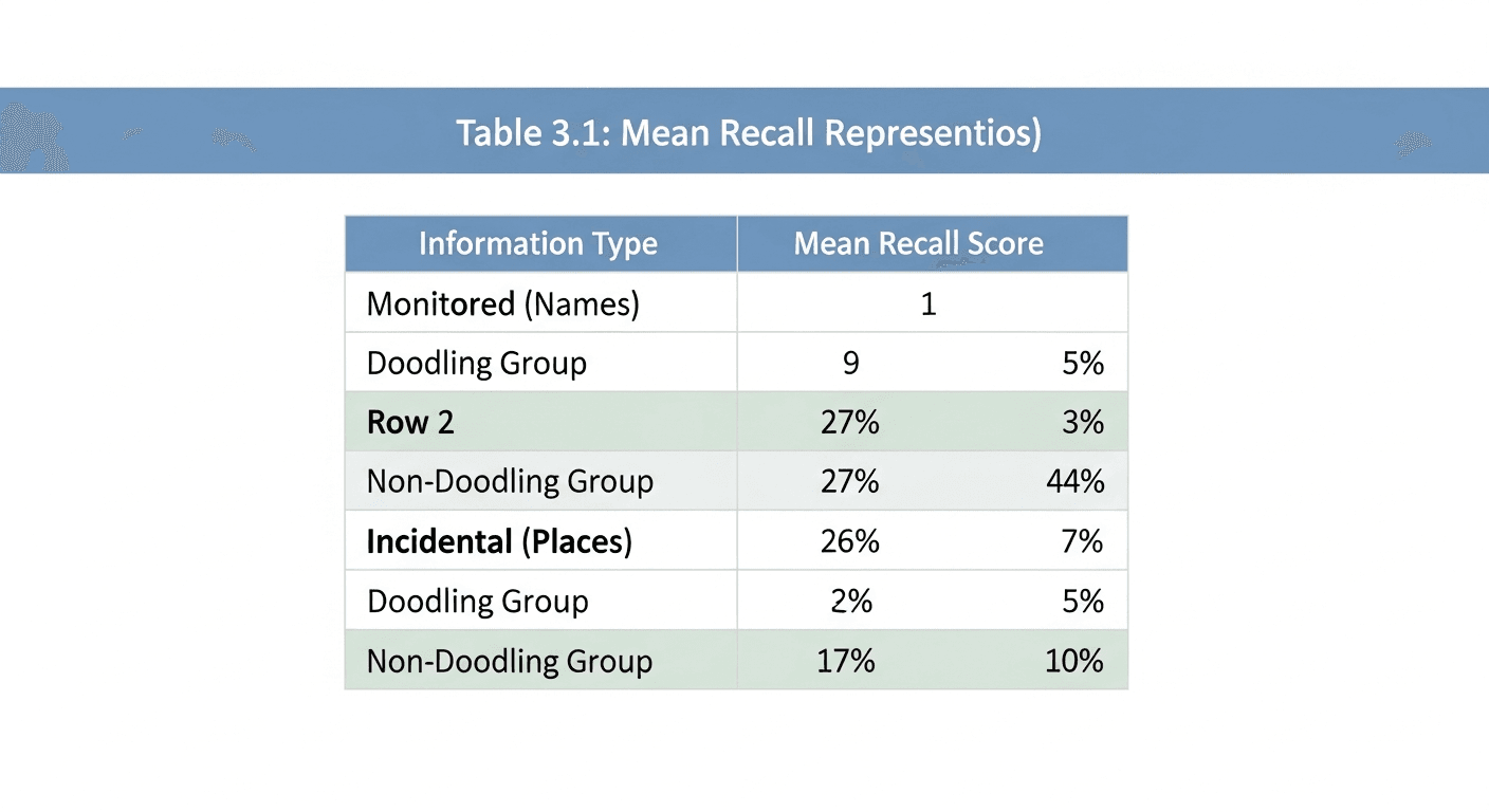 Results from a cognitive study, often showing differences between experimental and control groups.