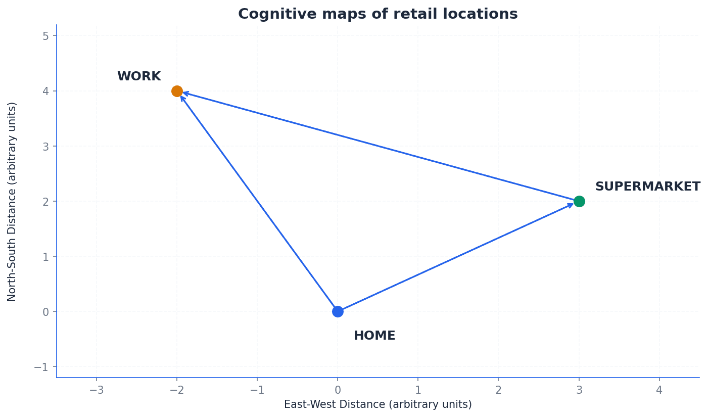 A visual representation of a cognitive map, showing how individuals mentally structure a retail environment.