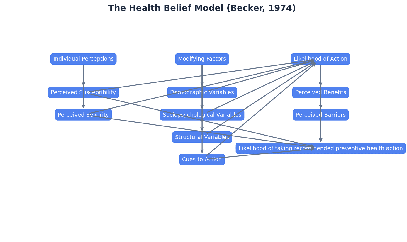 Outlines the components of the Health Belief Model and their influence on health behaviour.